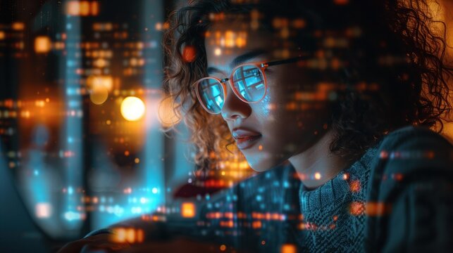 Female computer programmer writing code / futuristic hologram / augmented reality concept