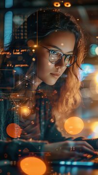 Female computer programmer writing code / futuristic hologram / augmented reality concept