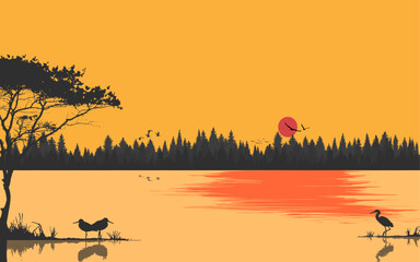 Obraz premium Wetland River Lake landscape summer background vector illustration color trees birds flying pine forest woods water reflection beautiful nature wallpaper