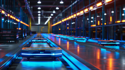 Modern factories use robots, automated vehicles, and advanced technology to improve efficiency in production, warehousing, and transportation.