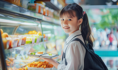Portrait of smiling asian schoolgirl holding tray with healthy vegetable salad and sushi rolls for breakfast in school canteen hall. Concept of healthy lifestyle and benefits of vegetable nutrition