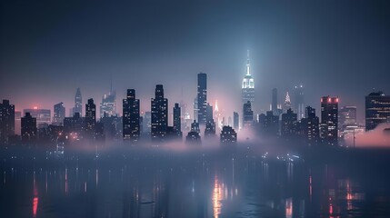 New York city skyline on a foggy night with lights