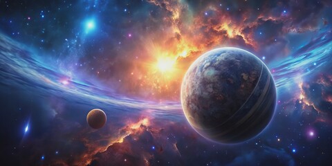 Cosmic Dance A Ringed Planet Amidst Stellar Nebulae, Digital Art, Space, Stars, Planets, Nebulae