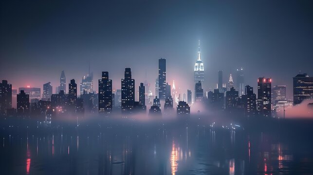 New York city skyline on a foggy night with lights