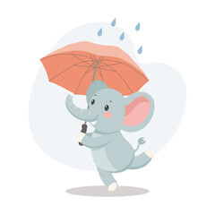 Cute baby elephant with an umbrella in the rain. Autumn children's illustration, print, card
