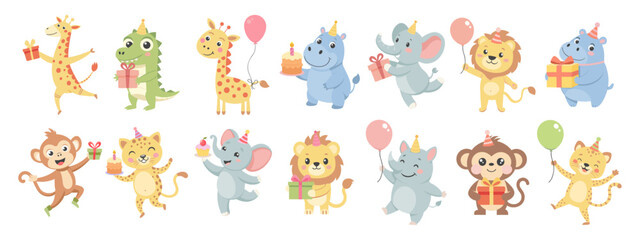 Happy birthday party. Childrens set with cute animals. Baby animals in party hats, cakes, gift boxes, balloons. Illustrations for birthday cards, stickers