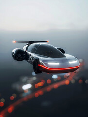 A futuristic flying car with sleek design and red accents, soaring above a cityscape in a misty, illuminated setting
