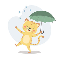 Cute cheerful baby tiger with an umbrella in the rain. Autumn children's illustration, print, card