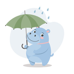 Cute baby hippo with an umbrella in the rain. Autumn children's illustration, print, card