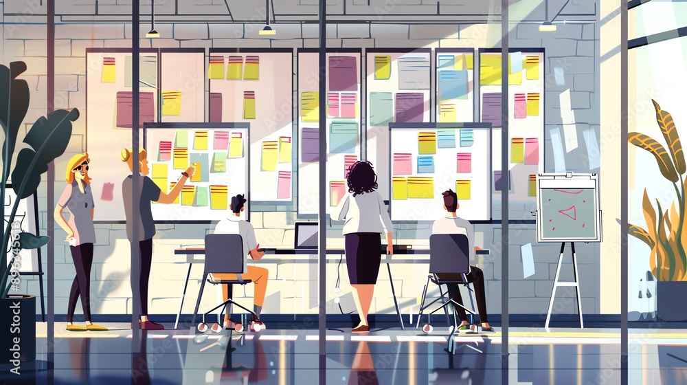 Poster a group of people are working in an office. they are using sticky notes to brainstorm ideas.