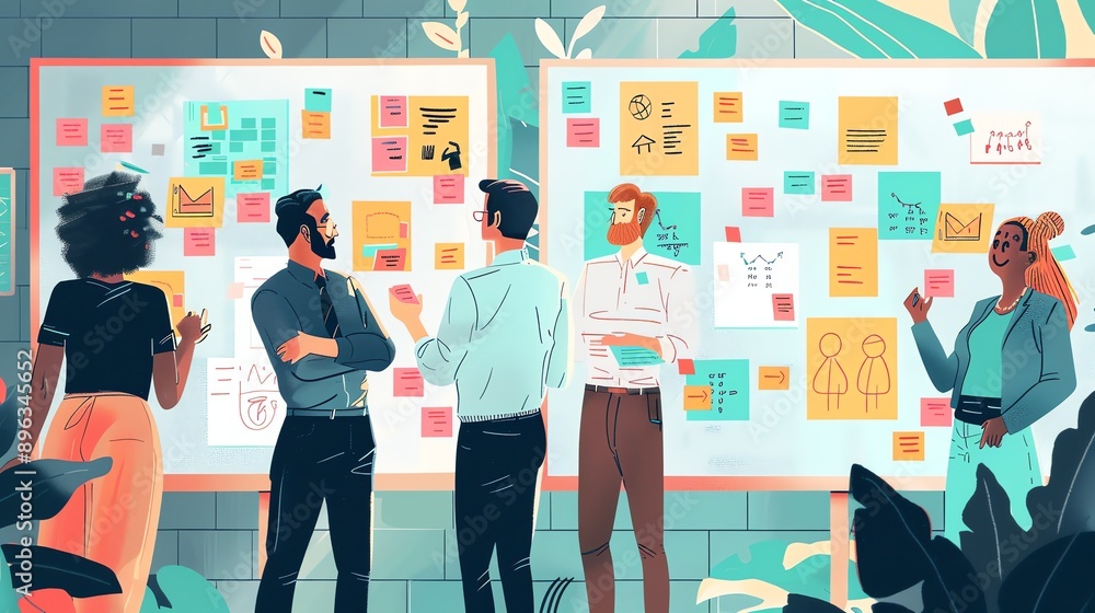 Poster a group of people are working together in an office. they are brainstorming ideas and using sticky n