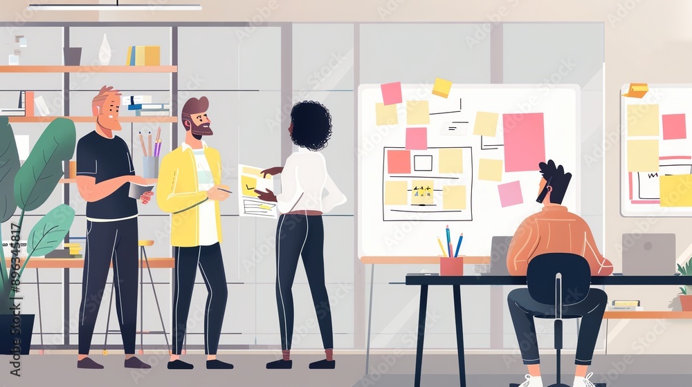 Poster a group of people are working together in an office. they are brainstorming ideas and using sticky n