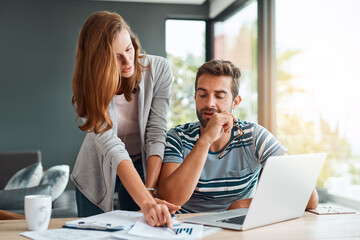 Couple, home and living room laptop or paperwork for email, online and website for loan...
