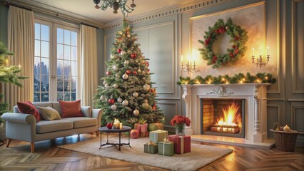 Fototapeta premium Cozy Christmas Living Room with Decorated Tree and Fireplace, Christmas , Interior Design , Holiday Decor , Festive