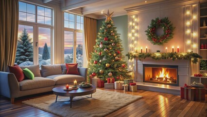 Cozy Christmas Living Room with Fireplace and Decorated Tree, 3D Rendering, Christmas Decor, Winter Wonderland, Festive Home , Christmas, Fireplace
