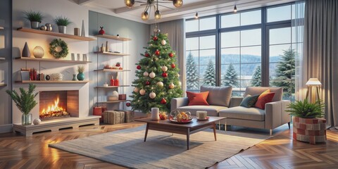 Fototapeta premium Cozy Christmas Living Room with Fireplace and Decor, Christmas , Holiday Decor , Interior Design , Living Room