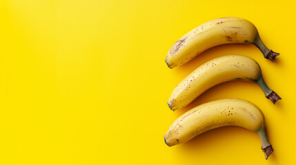 Three ripe bananas on a vibrant yellow background, minimalistic fruit concept