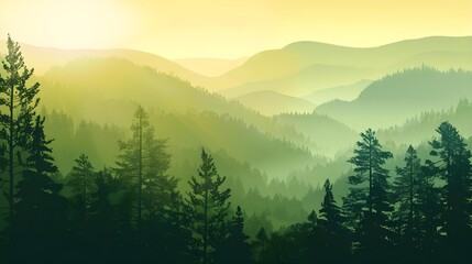 Vector panoramic landscape with green silhouette