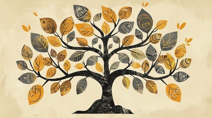 An illustration of a tree with golden leaves and black branches. The leaves are shaped like different currency symbols.