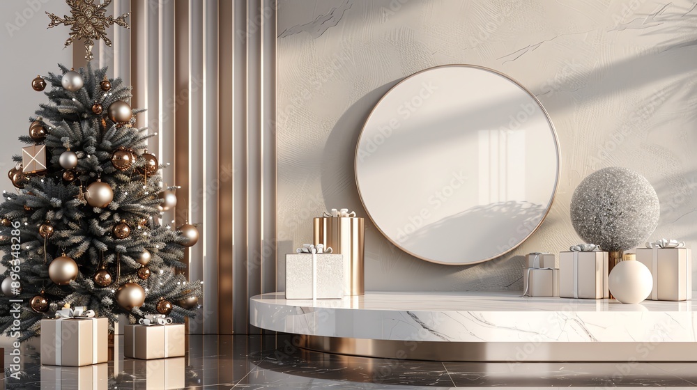 Poster 3d rendering of a christmas tree with gold ornaments and a round frame on the wall. there are also s