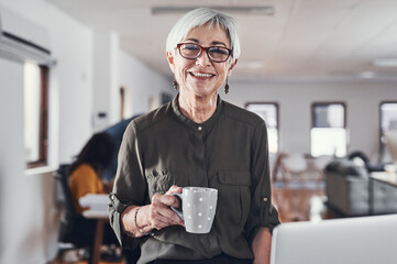 Coffee, happy and portrait of woman in office for creative career, confidence and start of business day. Mature employee, work and smile with drink for administration, job and beverage at startup