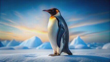 Obraz premium Emperor Penguin on Snowy Landscape at Sunset, 3D Rendering, Digital Art, Antarctica , penguin , sunset , ice