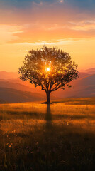 Serene Sunset Over Rolling Hills with Majestic Tree - A Moment of Peace and Reflection in Nature's Beauty