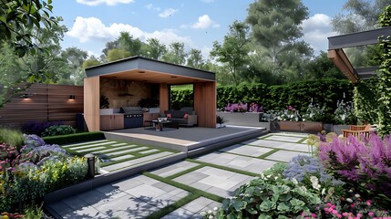 Backyard bespoke western red cedar clad home garden office with bifold Doors slate terrace barbecue and raised flower beds