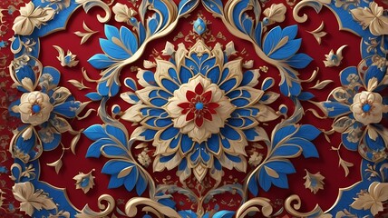 Stunning Persian carpet background of gold, blue, and red floral patterns with intricate ornate details. Perfect for luxury designs. 9