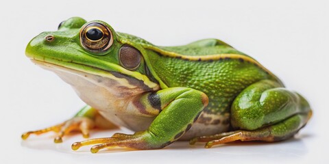 Fototapeta premium Green Frog Close-Up, Macro Photography, White Background, Amphibian, Nature, frog, animal