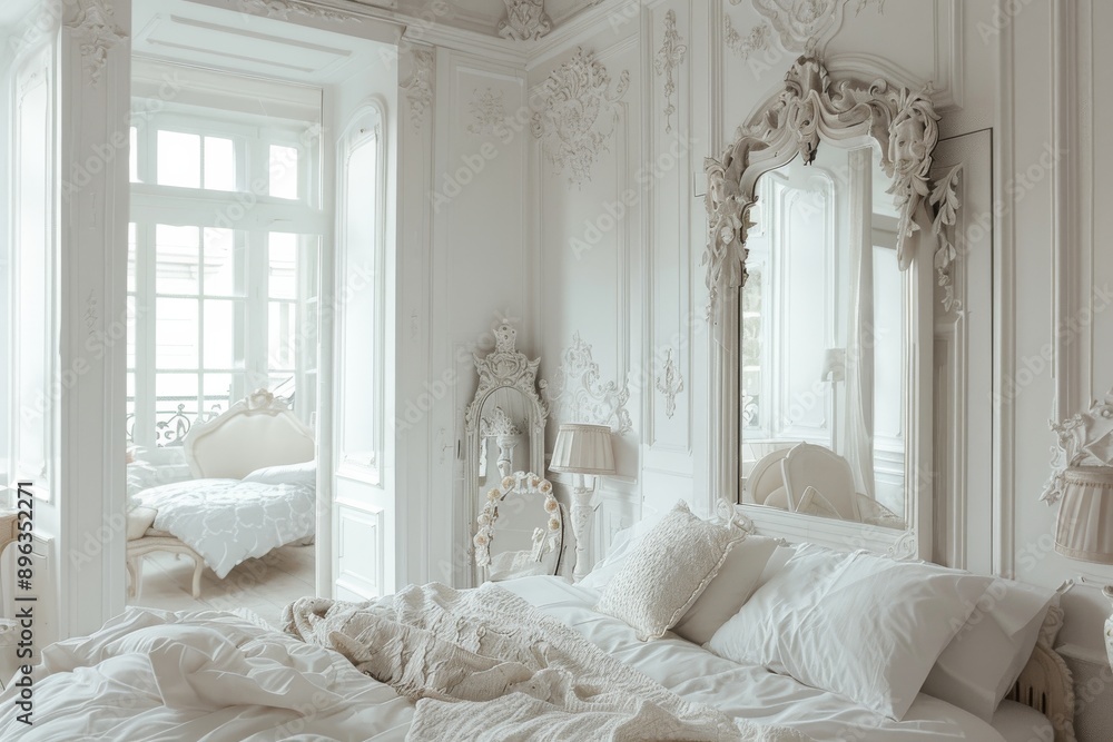 Wall mural luxury classic bedroom with white walls, classic white furniture and huge windows.