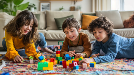 Obraz premium The children are engrossed in playing with colorful toy blocks, stacking them high and creating imaginative structures at home.