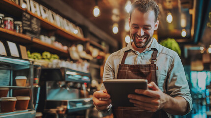 In the coffee shop, the owner manages inventory and checks stock using a tablet to update the online menu and streamline ordering processes.