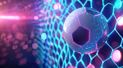 Fototapeta premium Neon soccer ball on blue background with hexagon grid pattern.