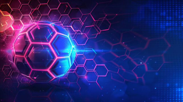 Neon soccer ball on blue background with hexagon grid pattern.