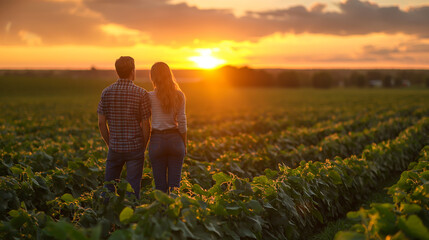 Fototapeta premium The golden hour light casts long shadows across the field, creating a serene and picturesque scene of rural agriculture