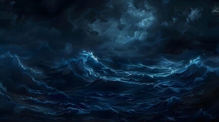 Dark ocean storm with lightning and waves at night