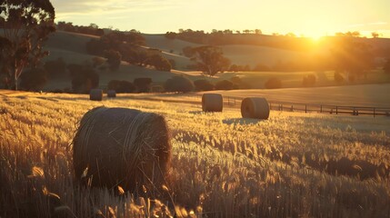 Australian Countryside Landscape with Hay Rolls