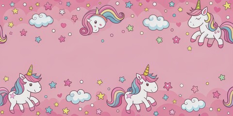 Magical Unicorn Dreams with Stars and Clouds, Digital Illustration, Cartoon, Pink Background, unicorn, stars, clouds