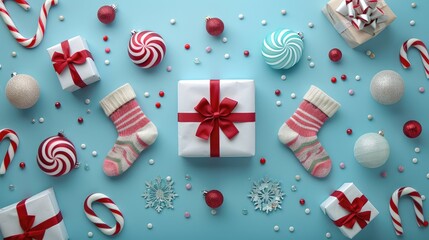 Minimalist Flat Lay: Christmas Gifts, Socks, and Candy on a Bright Background