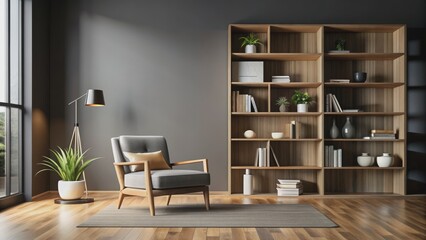 Modern Living Room with Grey Armchair and Bookshelf, 3D Render, Interior Design, Minimalist Home, armchair, bookshelf, living room