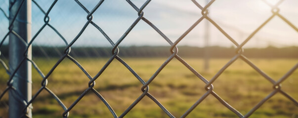 Fototapeta premium Chain link fence with blurred green field background, sunny day. Security and boundary concept