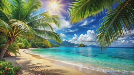 Obraz premium Palm Tree Canopy Over Tropical Beach, Sunny Sky, Palm Fronds, Beach Scene, Ocean View, tropical beach, palm tree