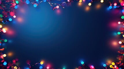Christmas glowing holiday garland frame on dark blue background. Christmas and New Year concept. Christmas background
