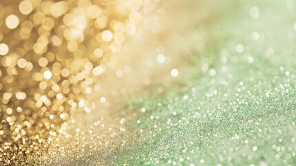 Obraz premium Sparkling golden and green glitter create a festive abstract background with bokeh lights, evoking elegance and luxury for holiday designs