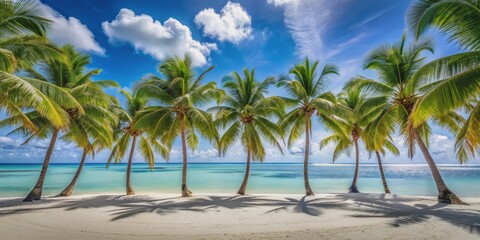 Palm Trees Line a Pristine Beach, 9 Palms, White Sand, Turquoise Water, Blue Sky, Palm Trees, Beach