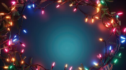 Christmas glowing holiday garland frame on dark blue background. Christmas and New Year concept. Christmas background