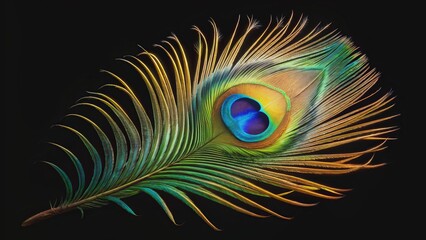 Obraz premium Peacock Feather A Symphony of Colors, Close-up of a Single Peacock Feather, Isolated on Black, Nature's Beauty , Peacock Feather, bird feather, nature