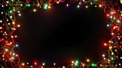 Christmas glowing holiday garland frame on black background. Christmas and New Year concept. Christmas background