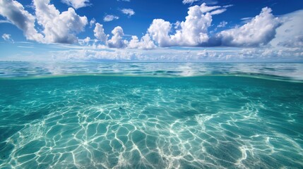 Obraz premium Сlear sea or ocean water view half water half sky. Sunny weather. Vacation concept